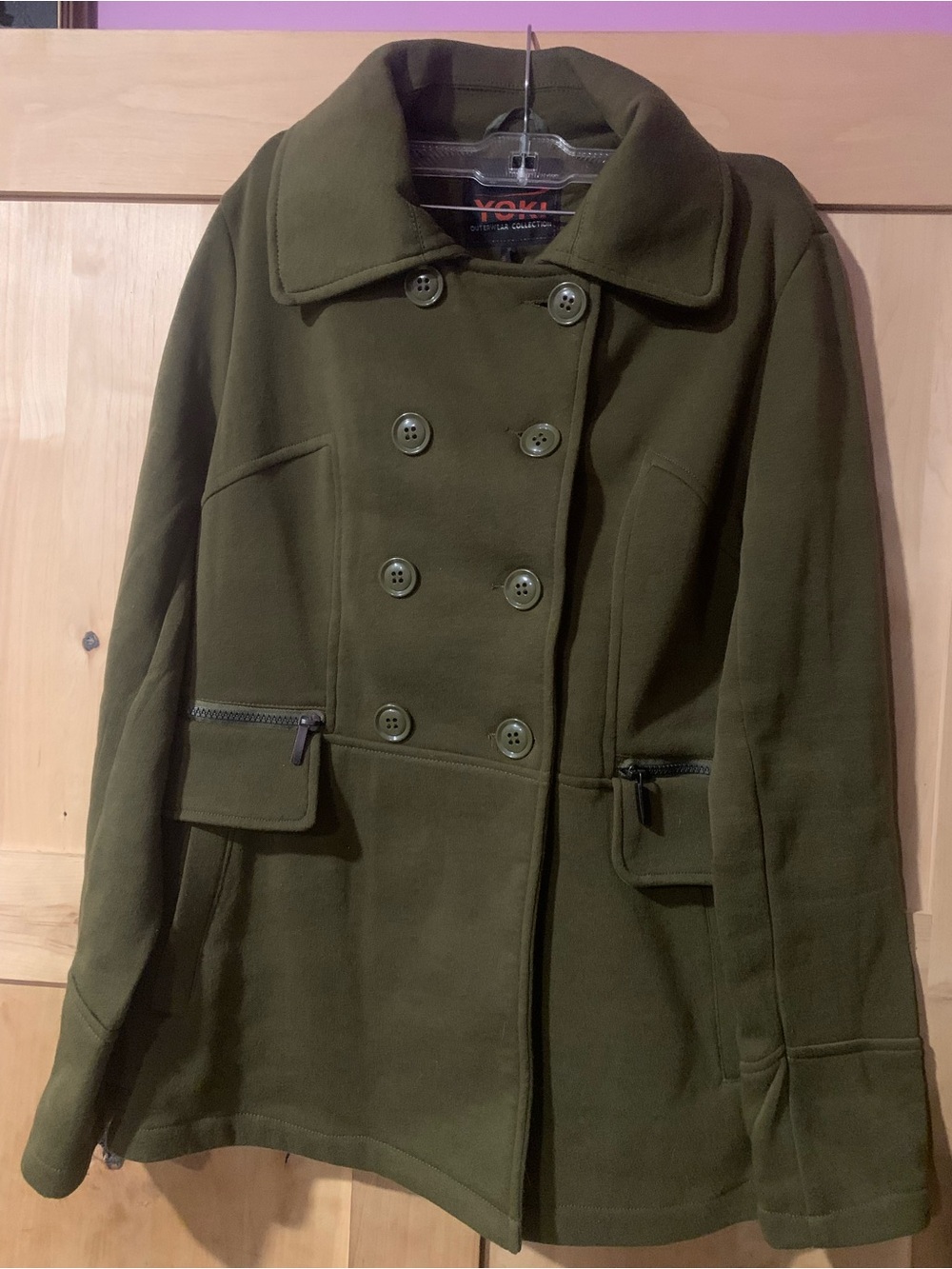 Women’s Yoki Olive Green Double-Breasted Peacoat with Zip-Accent Pockets